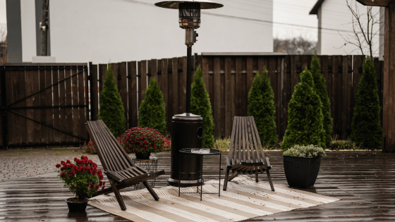 Stainless steel metal gas outdoor patio heater with wooden chair for outdoor gaming