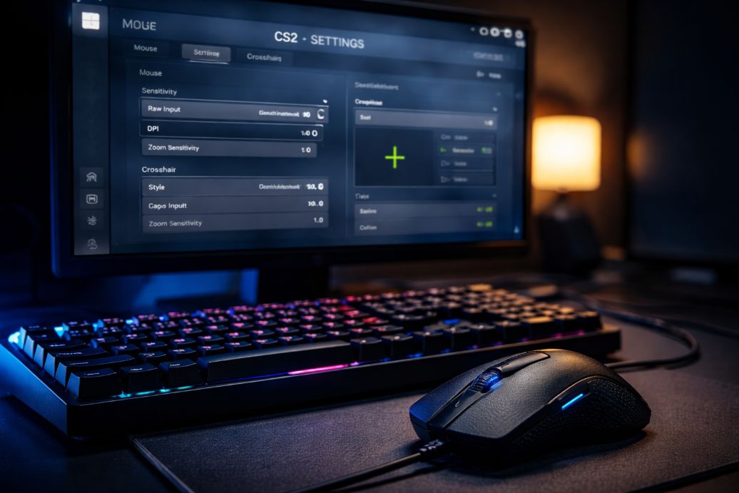 Gaming setup with RGB and CS2 menu